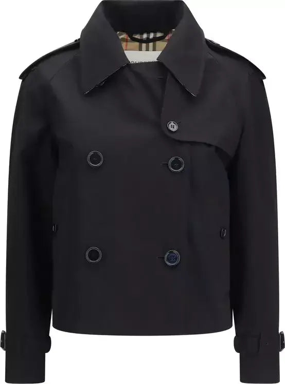 Black trench coat with Burberry check pattern on a white background