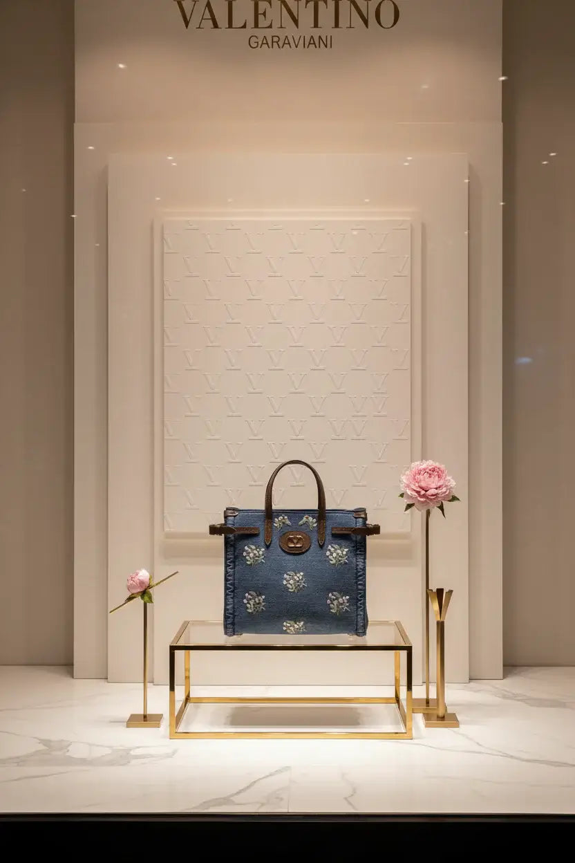 Blue denim handbag with floral patterns and brown straps on a white background