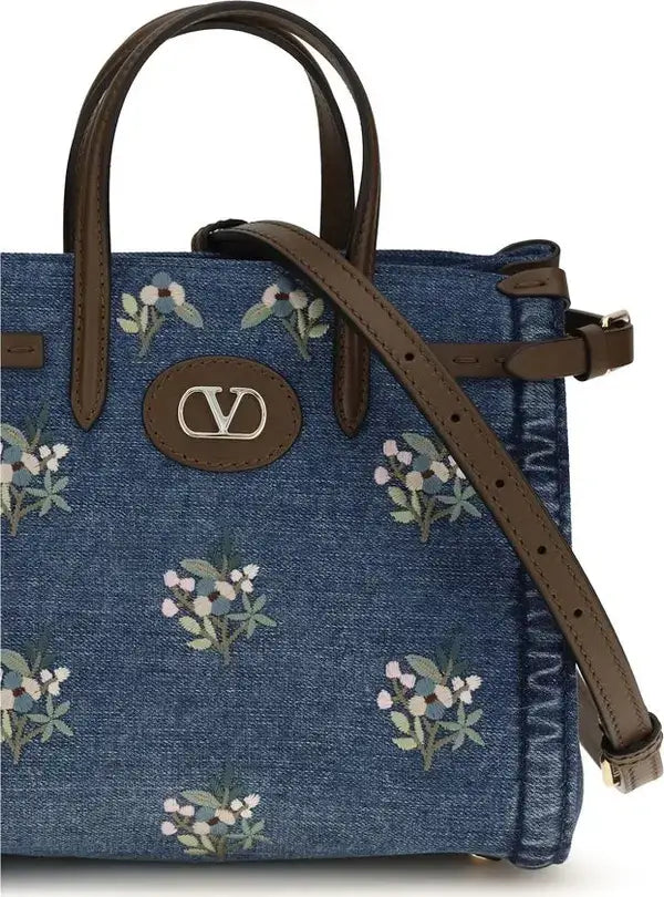 VALENTINO GARAVANI Antibes Small Embroidered Denim Shoulder Handbag Blue | Designer Sale