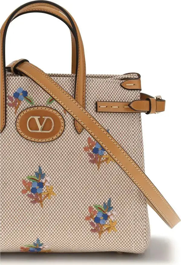 VALENTINO GARAVANI Antibes Small Embroidered Canvas Handbag Beige | Designer Sale