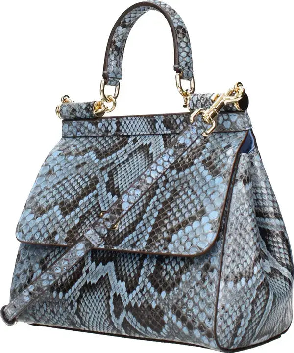 Blue and gray snake print handbag with gold accents on a white background