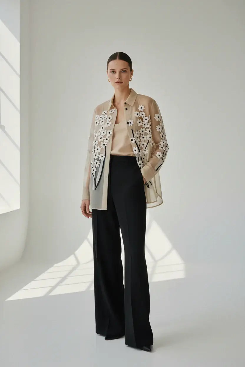 Beige blouse with floral embroidery on a white background
