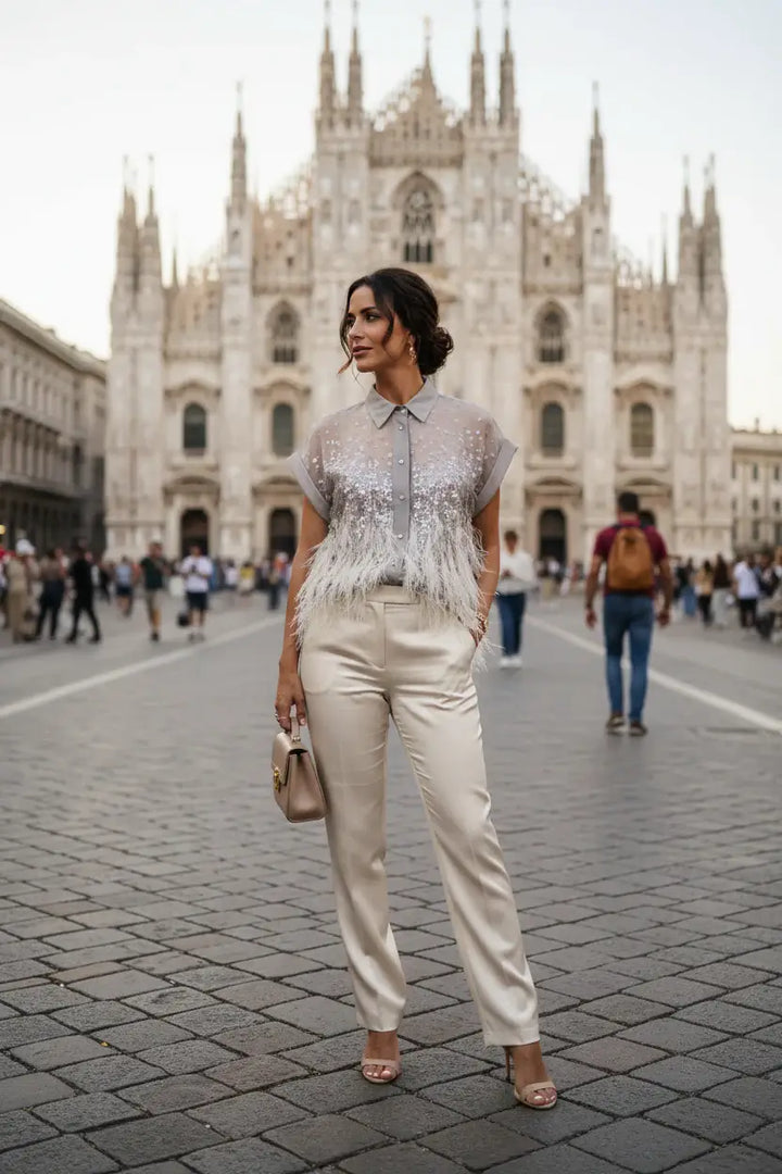 Brunello Cucinelli Silk Fringe Sequin Shirt Beige — Women