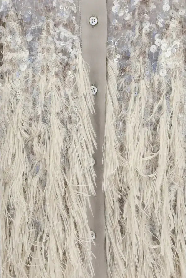 Brunello Cucinelli Silk Fringe Sequin Shirt Beige — Women
