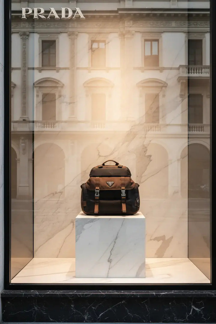 Brown and black Prada backpack on a white background