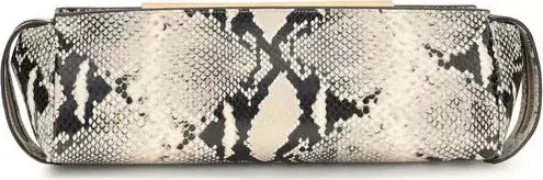 Clutch bag with snake print pattern on a plain background