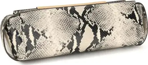 Snakeskin patterned clutch bag on a white background