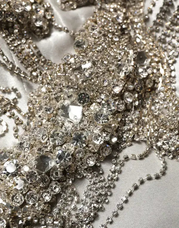 Dolce & Gabbana Crystal-Embellished Evening Gown – Silver | Silk Designer Dress