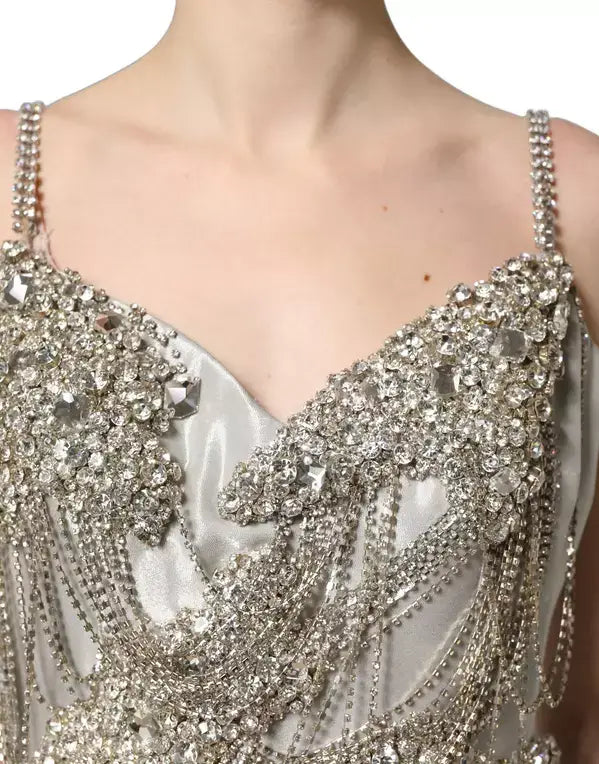 Dolce & Gabbana Crystal-Embellished Evening Gown – Silver | Silk Designer Dress