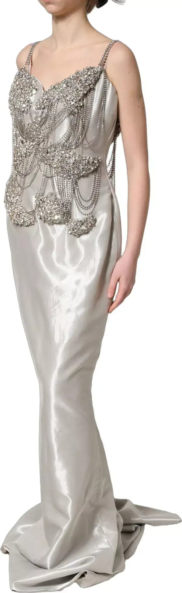 Dolce & Gabbana Crystal-Embellished Evening Gown – Silver | Silk Designer Dress