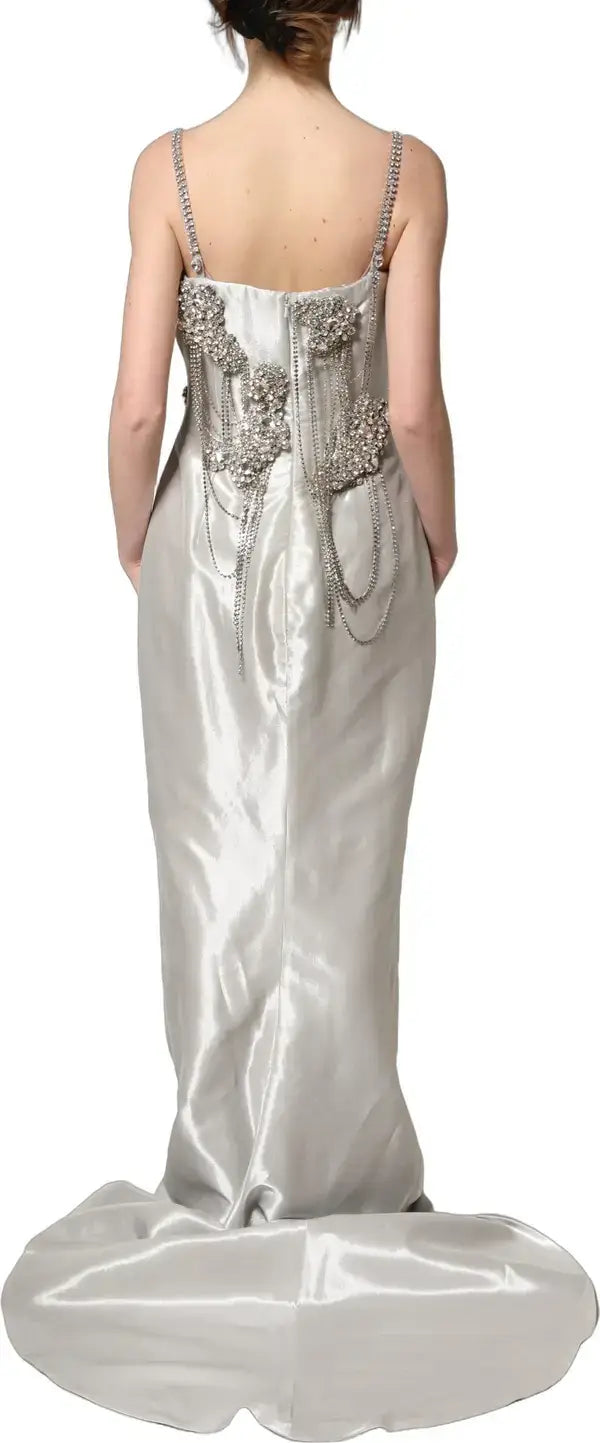 Dolce & Gabbana Crystal-Embellished Evening Gown – Silver | Silk Designer Dress