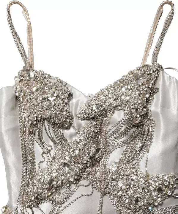 Dolce & Gabbana Crystal-Embellished Evening Gown – Silver | Silk Designer Dress