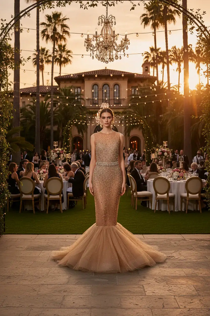 Woman in brown Mermaid dress at Gala