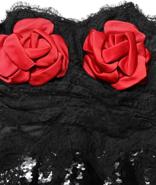 Dolce & Gabbana Strapless Red Rose Sequin Midi Dress – Black | Made in Italy