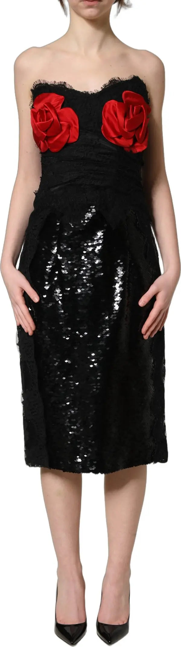 Dolce & Gabbana Black Strapless Rose Sequin Midi Dress