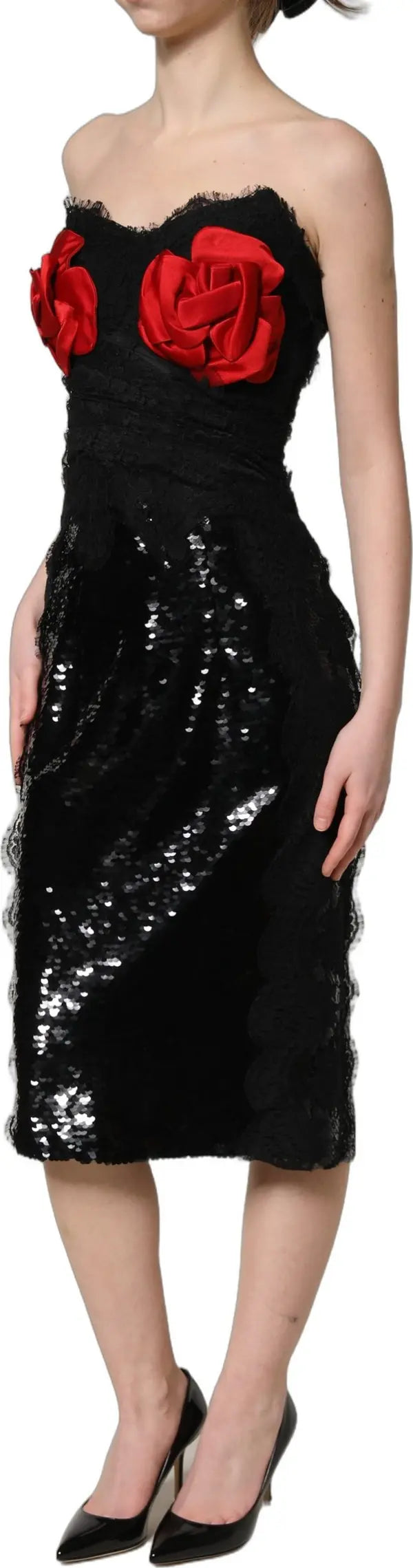 Dolce & Gabbana Black Strapless Rose Sequin Midi Dress