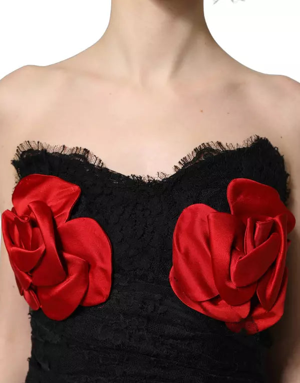 Dolce & Gabbana Strapless Red Rose Sequin Midi Dress – Black | Made in Italy