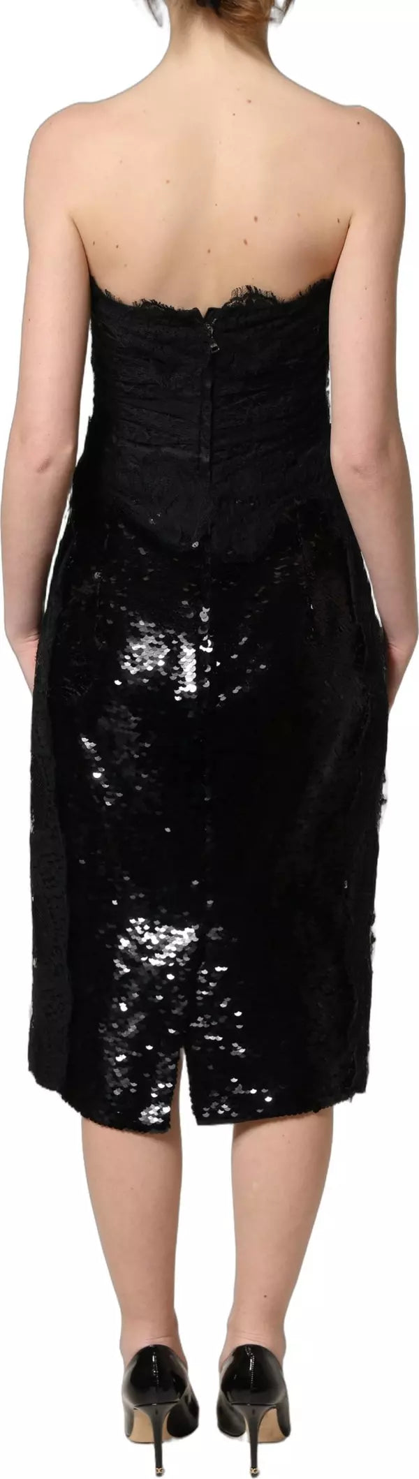 Dolce & Gabbana Strapless Red Rose Sequin Midi Dress – Black | Made in Italy