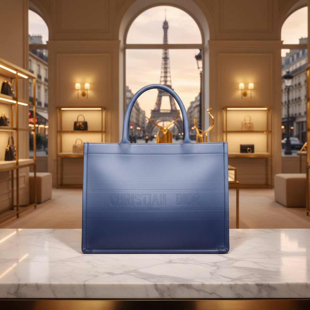 A blue Christian Dior tote bag with embossed branding on the front, featuring dual top handles and a structured rectangular shape, shown against a plain white background.