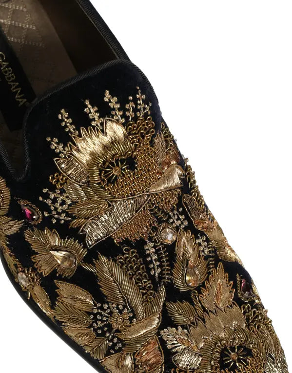 Dolce & Gabbana Black Velvet Gold Embroidered Dress Loafers – Men’s Designer Shoes