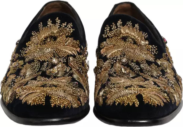 Dolce & Gabbana black velvet men’s loafers with intricate gold embroidery