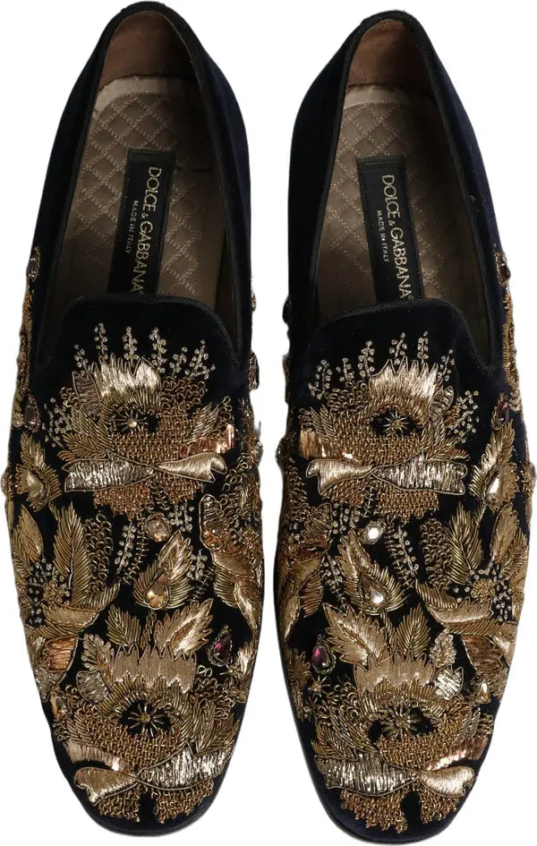 Dolce & Gabbana Black Velvet Gold Embroidered Dress Loafers – Men’s Designer Shoes