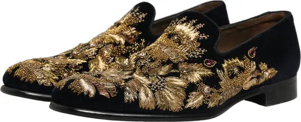 Dolce & Gabbana Black Velvet Gold Embroidered Dress Loafers – Men’s Designer Shoes