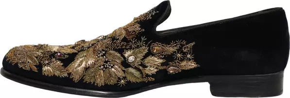 Dolce & Gabbana Black Velvet Gold Embroidered Dress Loafers – Men’s Designer Shoes