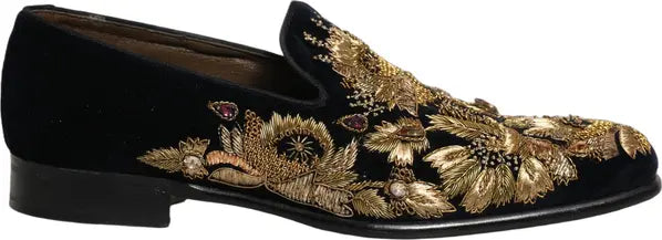 Dolce & Gabbana black velvet men’s loafers with intricate gold embroidery