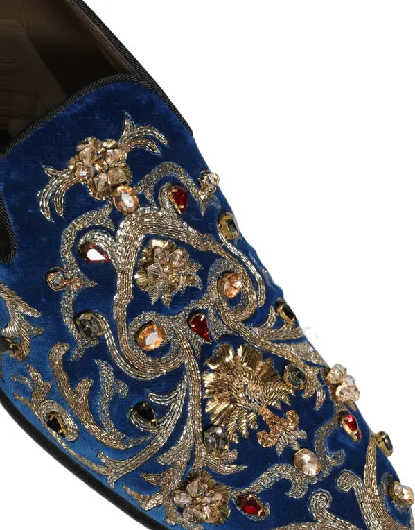 Dolce & Gabbana blue velvet embellished men’s dress loafers with gold embroidery