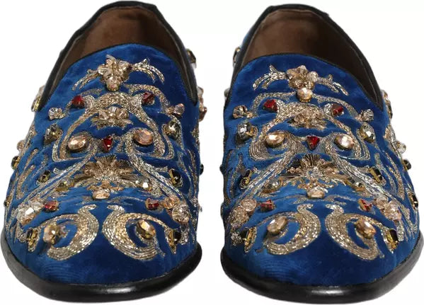 Dolce & Gabbana blue velvet embellished men’s dress loafers with gold embroidery