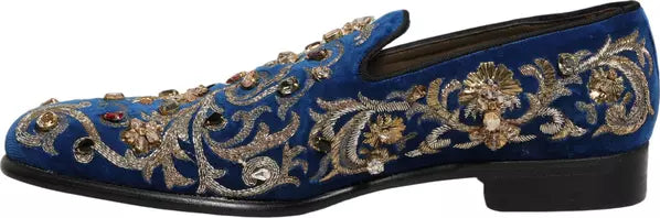 Dolce & Gabbana Blue Velvet Embellished Dress Loafers – Men’s Designer Shoes