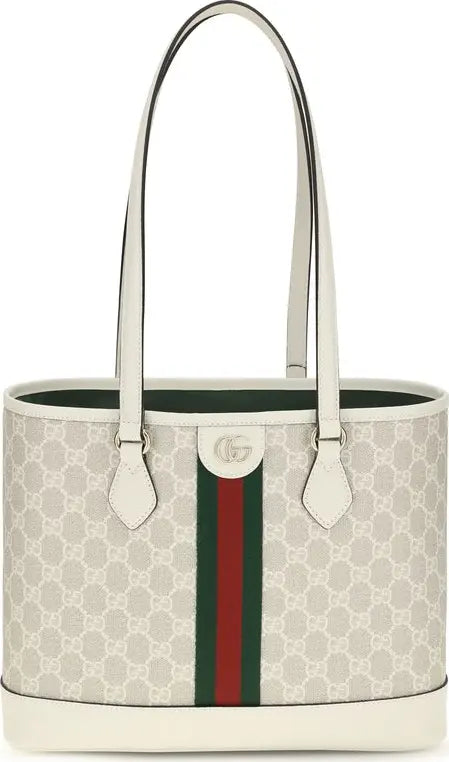 Designer handbag with a distinctive logo and color stripe on a white background