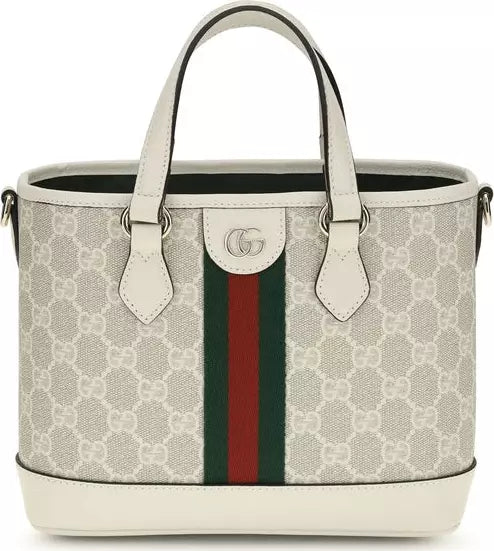 Designer handbag with monogram pattern and red and green stripe on a white background