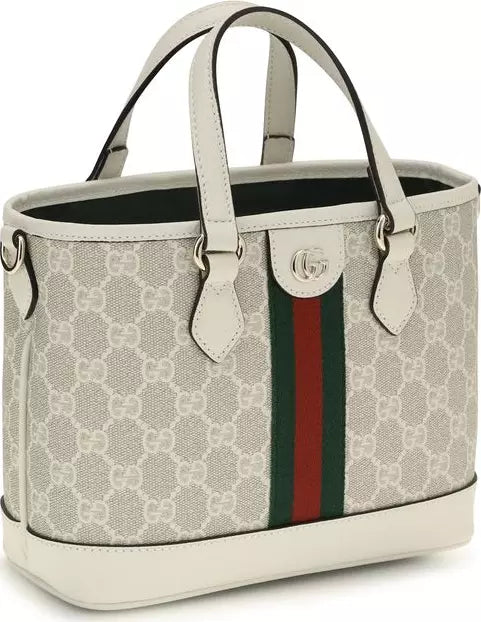 Designer handbag with monogram pattern and red and green stripe on a white background