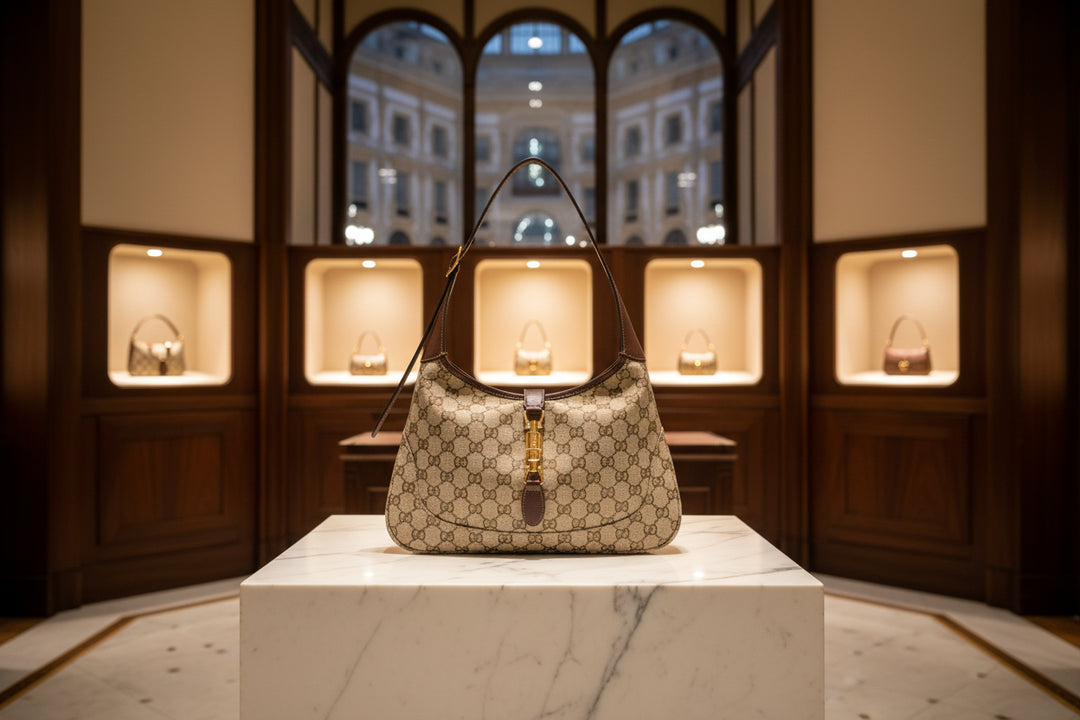 Beige handbag with brown accents on a white background