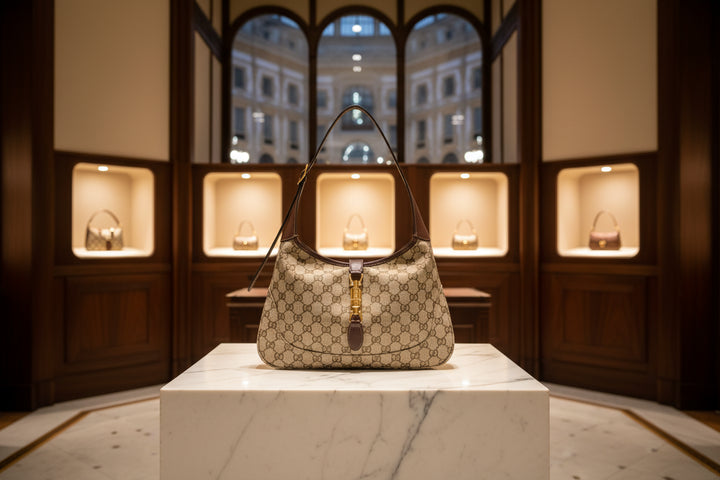 Beige handbag with brown accents on a white background