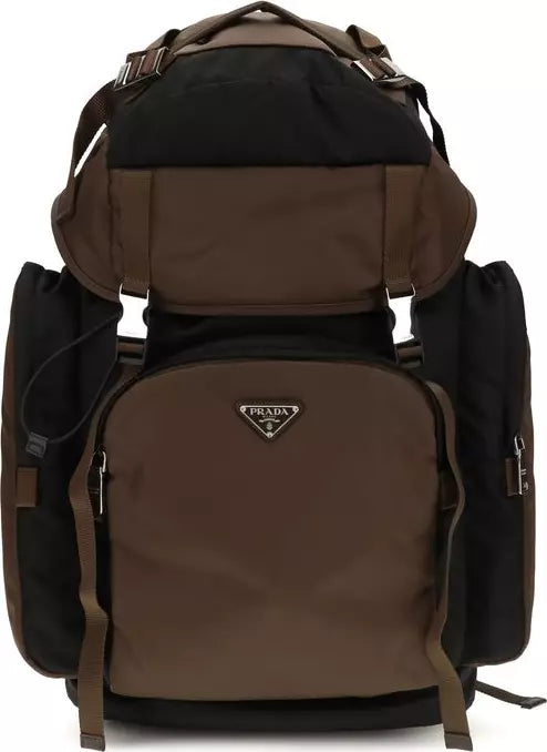 Brown Prada backpack with visible logo on a white background