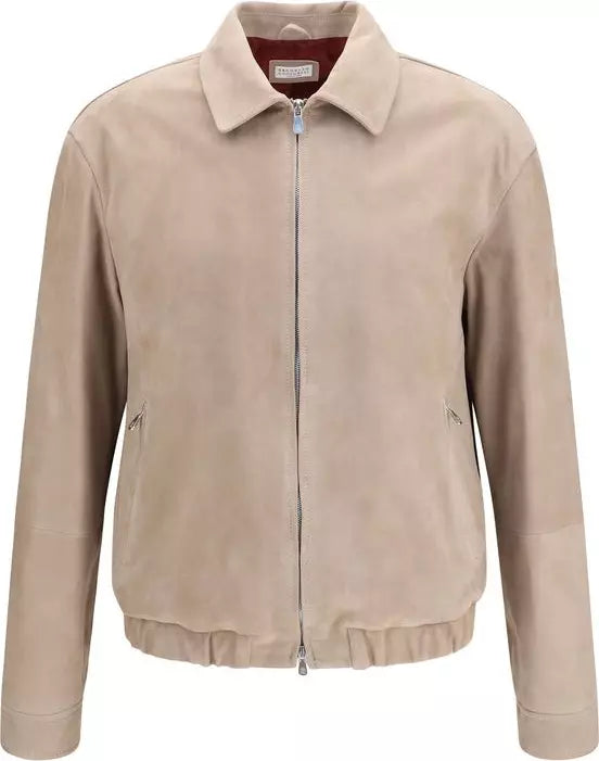 Brunello Cucinelli beige leather bomber jacket
