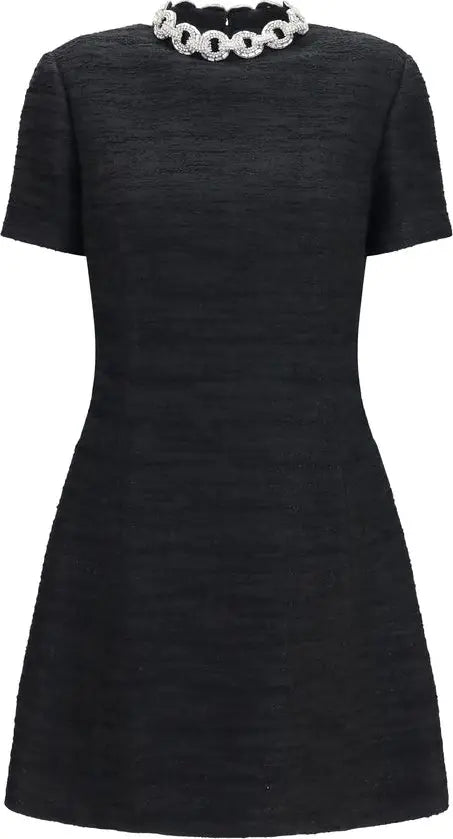 Valentino black embroidered midi dress with crystal embellished crew neckline