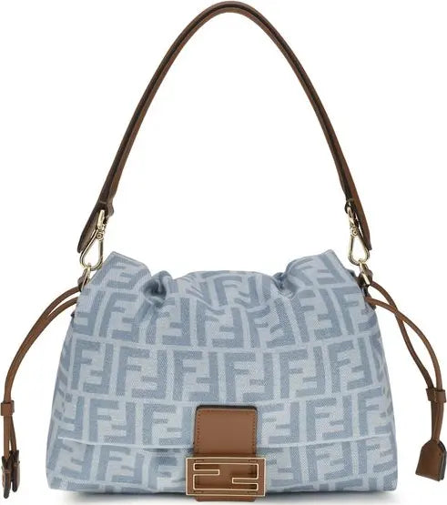 Fendi blue FF denim Mamma Baguette shoulder bag with leather details and gold-tone hardware