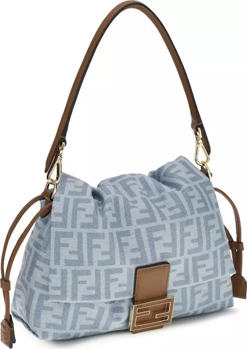 Fendi blue FF denim Mamma Baguette shoulder bag with leather details and gold-tone hardware