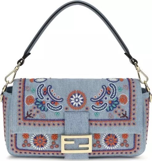 Fendi blue embroidered denim shoulder bag with FF closure and multicolor bead embellishments