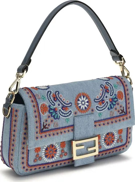 Fendi blue embroidered denim shoulder bag with FF closure and multicolor bead embellishments