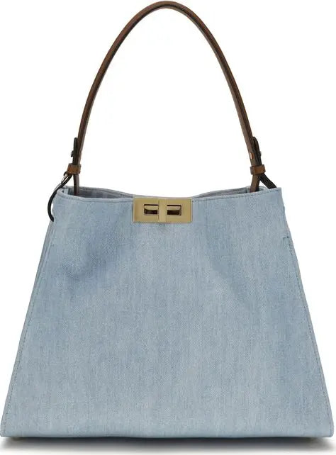 Fendi Way medium blue denim handbag with gold-tone hardware and turn-lock closure