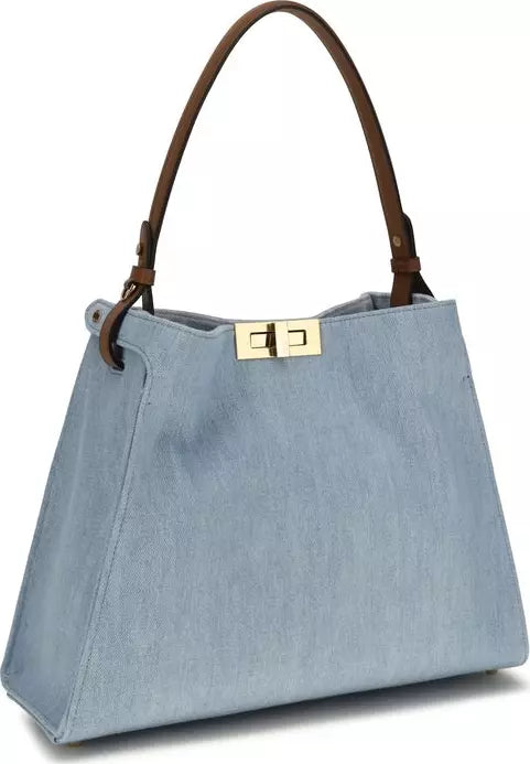 Fendi Way medium blue denim handbag with gold-tone hardware and turn-lock closure