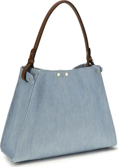 Fendi Way medium blue denim handbag with gold-tone hardware and turn-lock closure