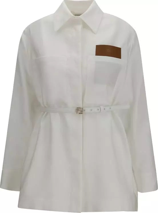 Fendi white linen and cotton belted full-length jacket with FF buckle and oversized patch pockets