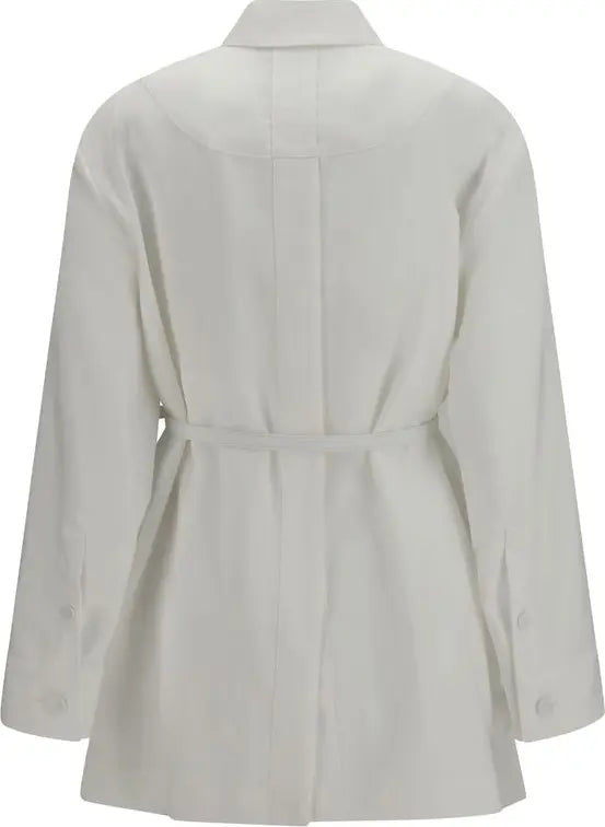 Fendi white linen and cotton belted full-length jacket with FF buckle and oversized patch pockets rear view
