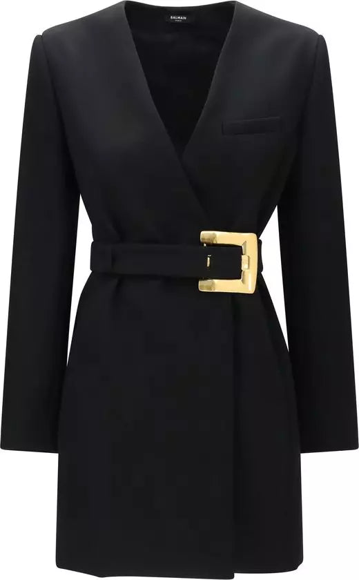 Balmain black grain de poudre merino wool blazer with gold-tone belt buckle and tailored silhouette